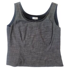 Tahari Arthur S Levine Tank Top Womens 14P Gray Check Beaded Neck Lined Petite